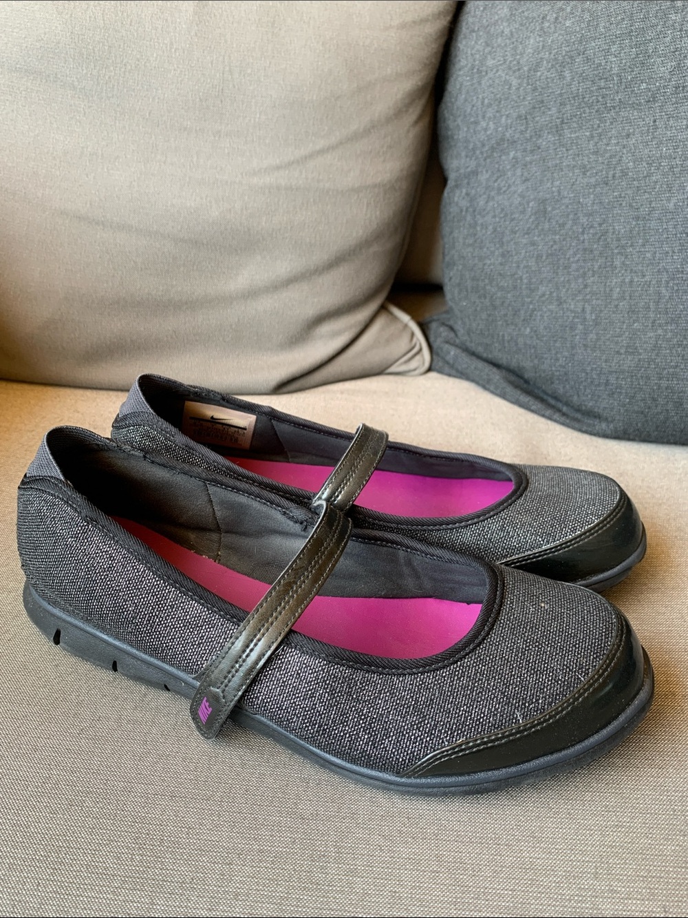 Nike Casual Mary Jane Flats in Charcoal Gray with Pink Lining